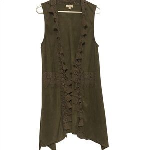 Umgee | Crocheted edge Green Sleeveless Duster open front Cardigan Suede feel